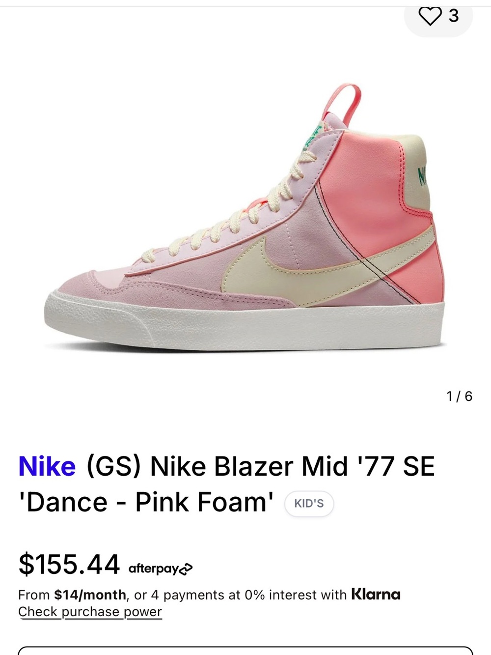 Nike Blazer Mid '77 SE Kids Pink Foam High-Top Sneakers SZ 6.5Y